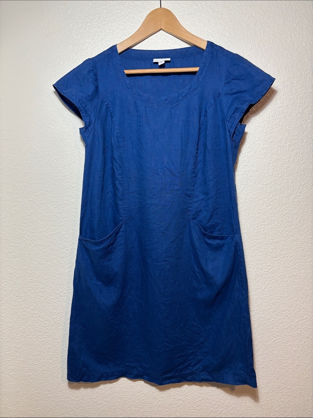 J Jill Pure Linen Royal Blue 100% Linen Cap Sleeve Shift Dress Size XS | Pockets